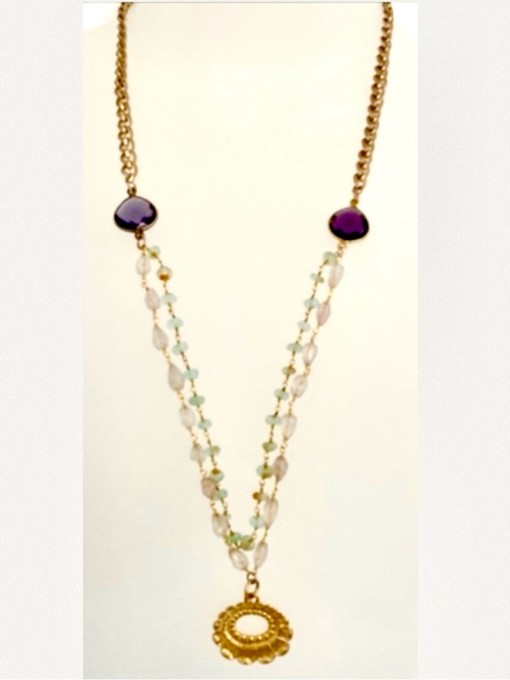 Genuine Amethyst, aquamarine, rose quartz gold plated necklace